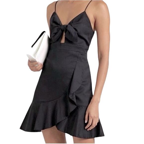 Alice + Olivia Bow Front Dress Size 10 Black Faux Wrap Cascade Ruffle Hem - Picture 1 of 10